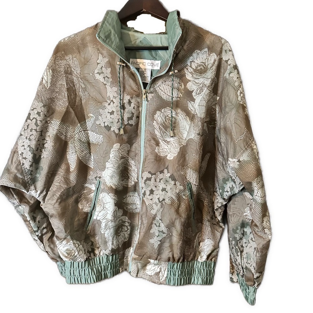Vintage Pacific Cove Nylon Bomber Jacket Roses Teal Grey Foliage Print Size XL